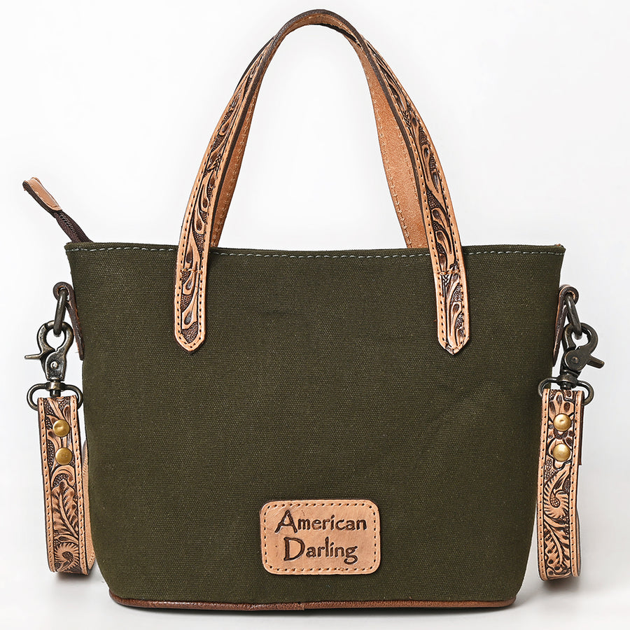 American Darling Western Cross Body Bag Handcrafted from Canvas & Tooled Genuine Leather | Floral Carved Straps, Detachable Carry & YKK Zipper