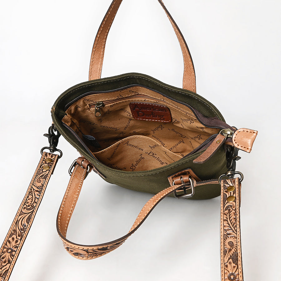 American Darling Western Cross Body Bag Handcrafted from Canvas & Tooled Genuine Leather | Floral Carved Straps, Detachable Carry & YKK Zipper