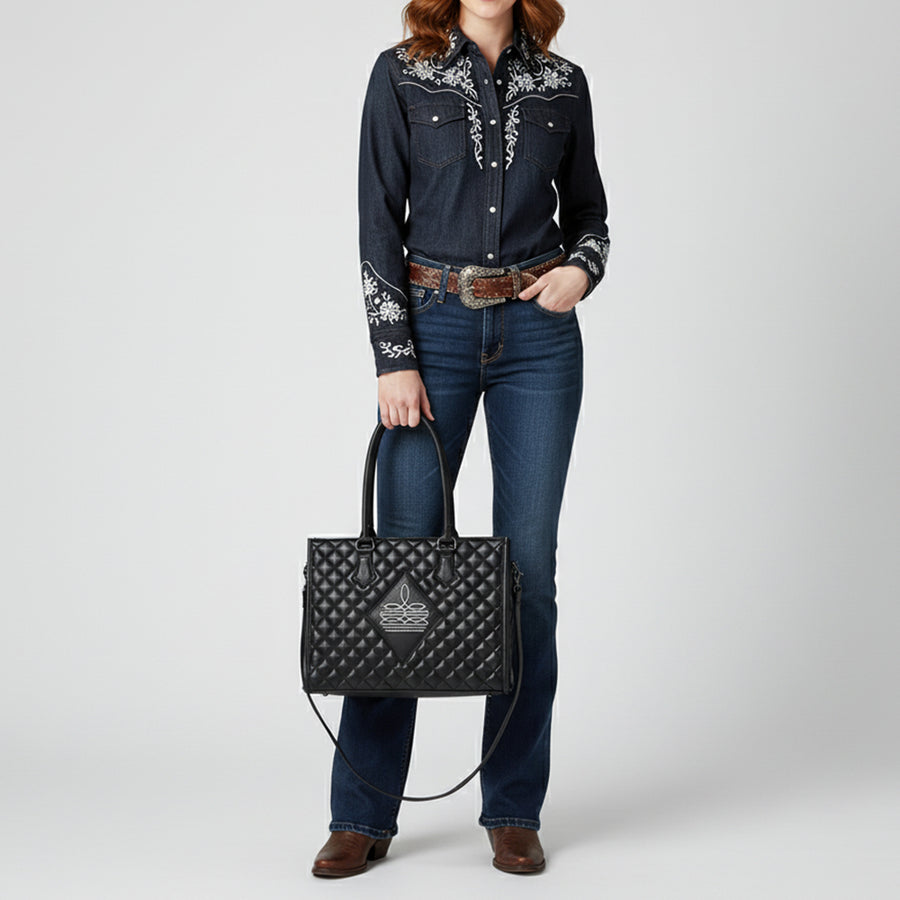 American Darling Western Tote Bag Handcrafted from Quilted Genuine Leather | Boot Stitched Accent Panel, Crossbody Strap & YKK Zipper