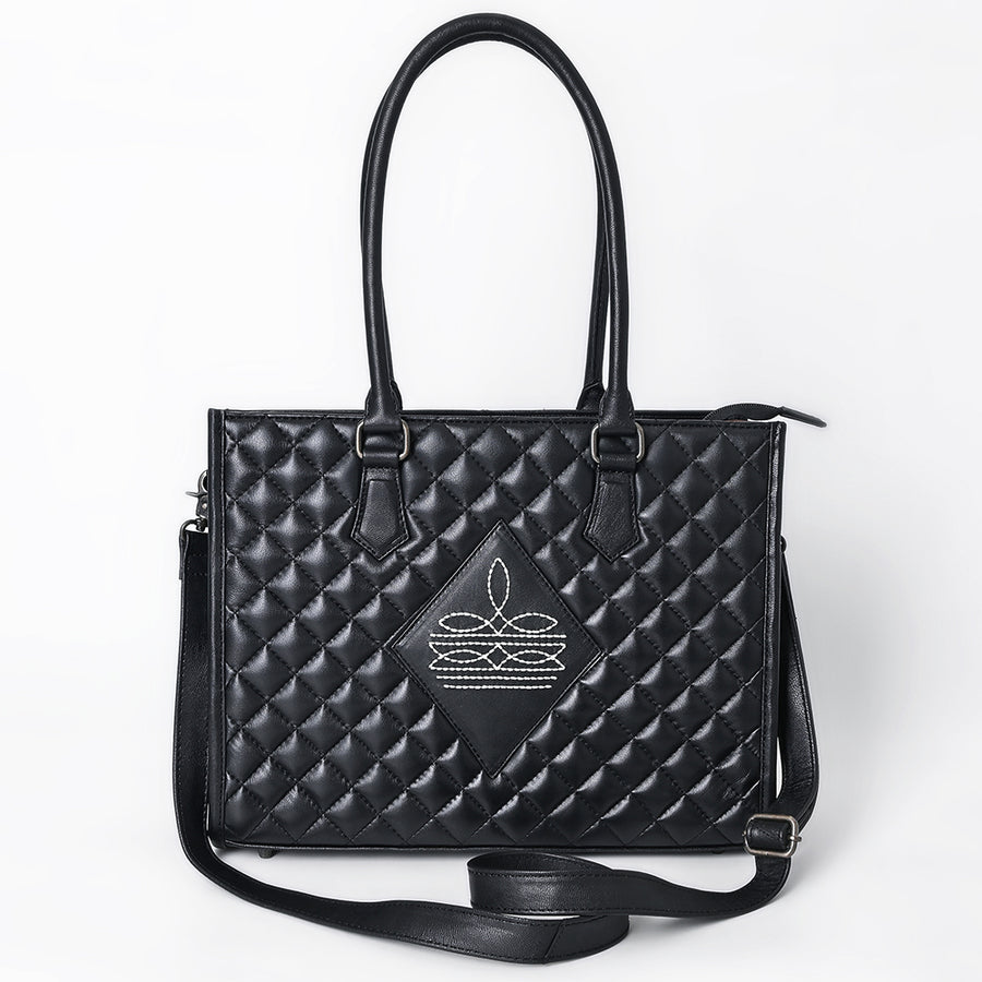 American Darling Western Tote Bag Handcrafted from Quilted Genuine Leather | Boot Stitched Accent Panel, Crossbody Strap & YKK Zipper