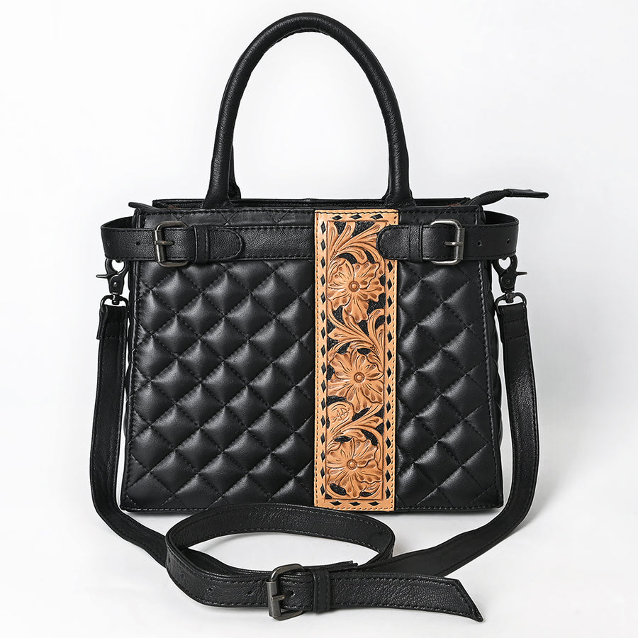 American Darling Western Tote Bag Handcrafted from Quilted Genuine Leather | Hand-Tooled Floral Vertical Panel, Buckstitch Detail & YKK Zipper