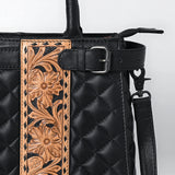 American Darling Western Tote Bag Handcrafted from Quilted Genuine Leather | Hand-Tooled Floral Vertical Panel, Buckstitch Detail & YKK Zipper