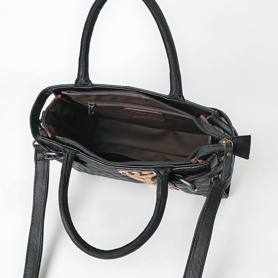 American Darling Western Tote Bag Handcrafted from Quilted Genuine Leather | Hand-Tooled Floral Vertical Panel, Buckstitch Detail & YKK Zipper