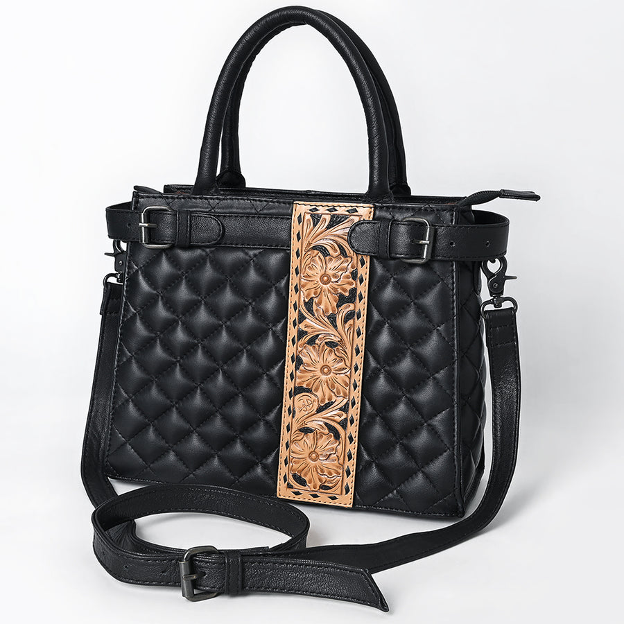 American Darling Quilted Genuine Leather Tote | Hand-Tooled Floral Panel Shoulder Bag - Uhorse