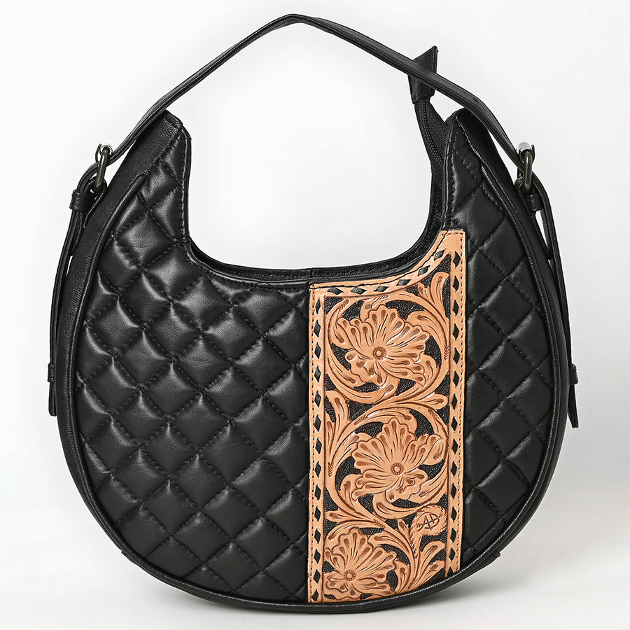 American Darling Western Hobo Bag Handcrafted from Quilted Genuine Leather | Hand-Tooled Floral Yoke Panel, Buckstitch Detail & YKK Zipper