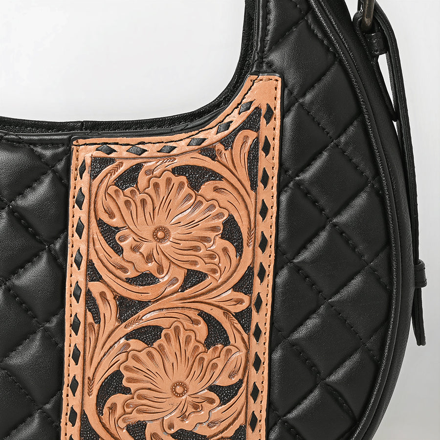 American Darling Western Hobo Bag Handcrafted from Quilted Genuine Leather | Hand-Tooled Floral Yoke Panel, Buckstitch Detail & YKK Zipper