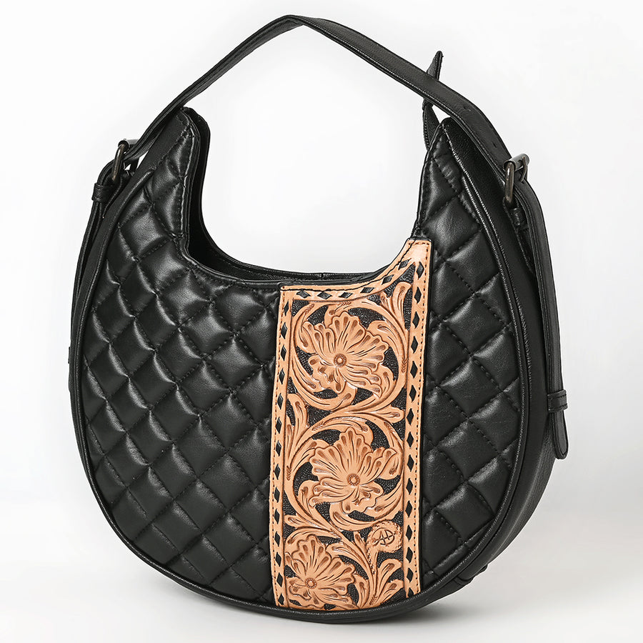 American Darling Quilted Genuine Leather Hobo Bag | Hand-Tooled Floral Accent Shoulder Bag - Uhorse