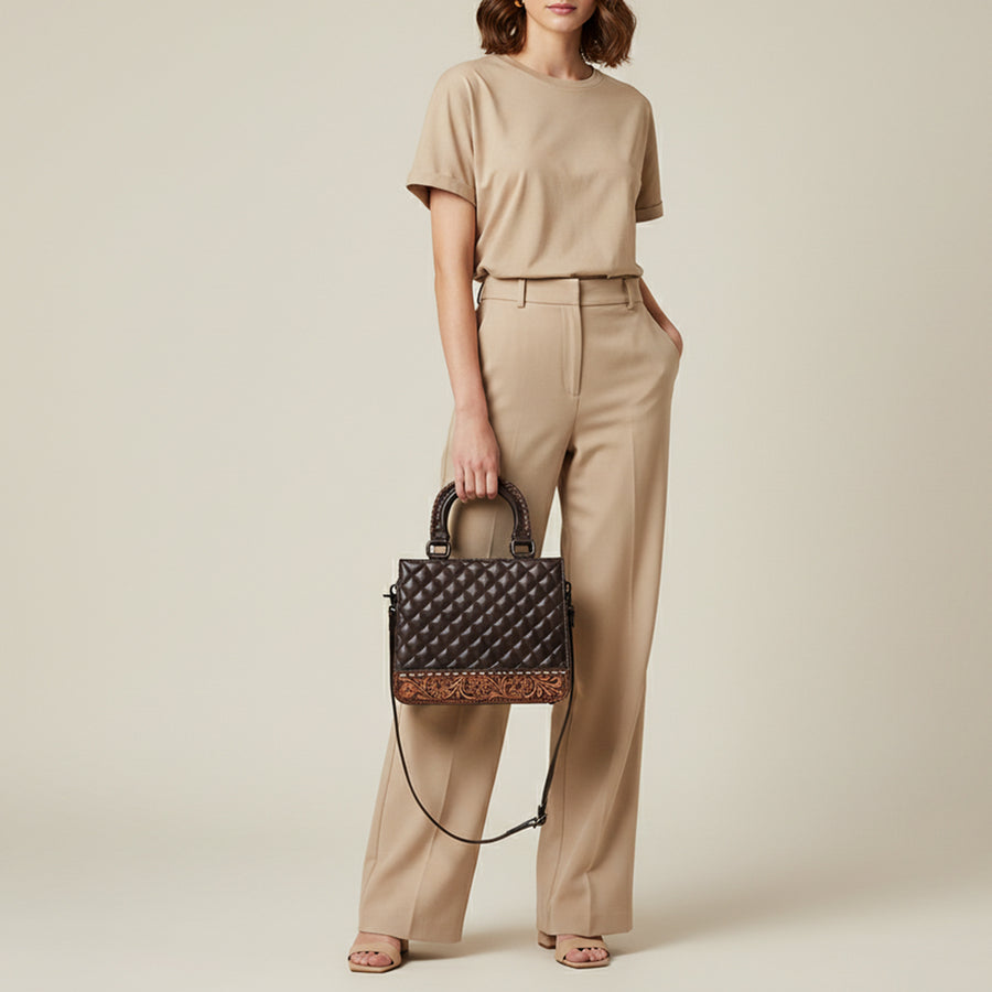 American Darling Western Tote Bag Handcrafted from Quilted Genuine Leather | Braided Handles, Tooled Floral Base & YKK Zipper