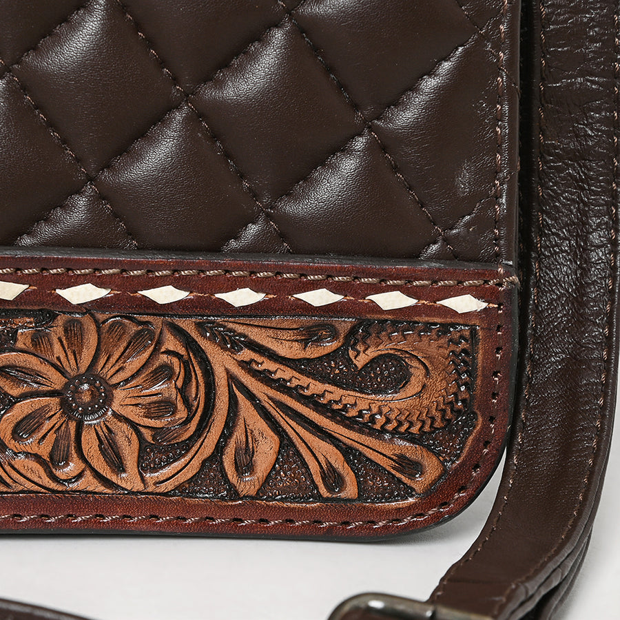 American Darling Western Tote Bag Handcrafted from Quilted Genuine Leather | Braided Handles, Tooled Floral Base & YKK Zipper