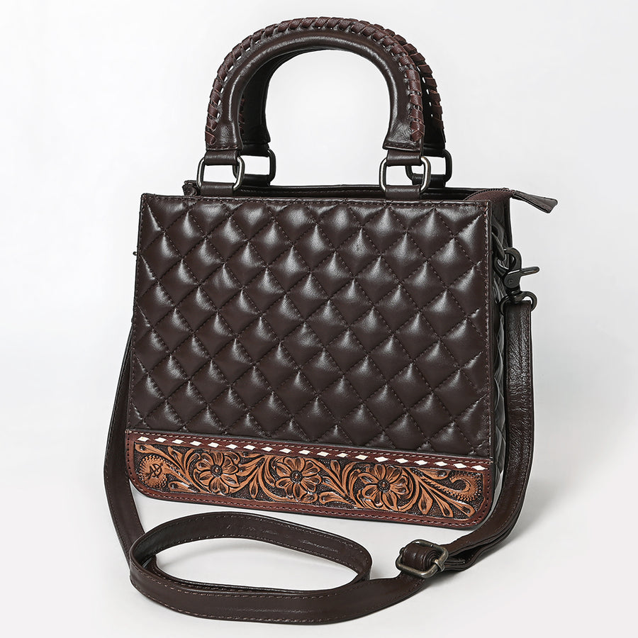 American Darling Quilted Genuine Leather Tote Bag | Braided Handle Floral Accent - Uhorse