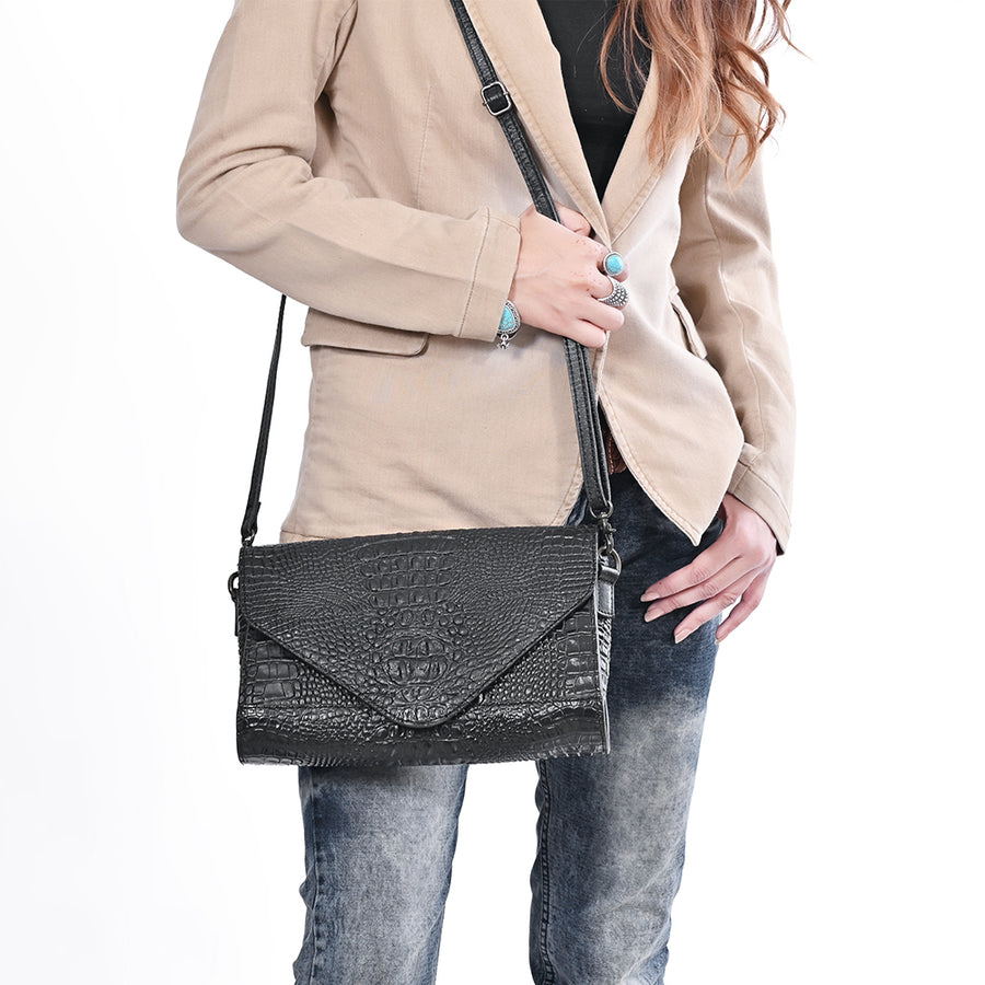 American Darling Small Western Cross Body Bag Handcrafted from Crocodile Embossed Genuine Leather | Envelope Flap Closure & YKK Zipper