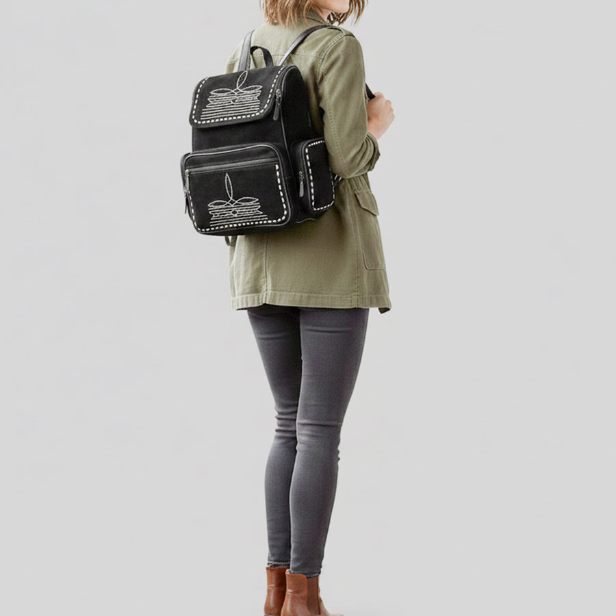 American Darling Western Backpack Bag Handcrafted from Genuine Suede Leather | Boot Stitched Flap, Studded Trim & YKK Zipper