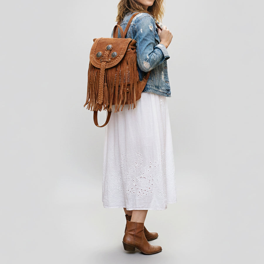American Darling Western Backpack Bag Handcrafted from Genuine Suede Leather | Full Fringe, Concho Studs, Boot Stitched Flap & YKK Zipper