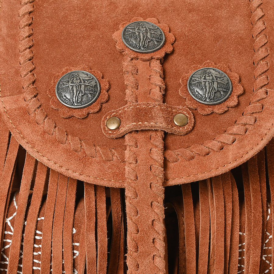 American Darling Western Backpack Bag Handcrafted from Genuine Suede Leather | Full Fringe, Concho Studs, Boot Stitched Flap & YKK Zipper