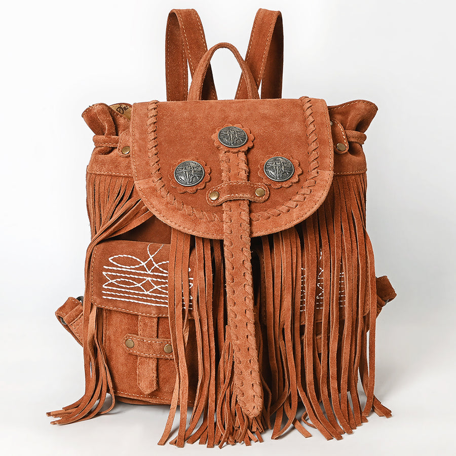 American Darling Western Backpack Bag Handcrafted from Genuine Suede Leather | Full Fringe, Concho Studs, Boot Stitched Flap & YKK Zipper