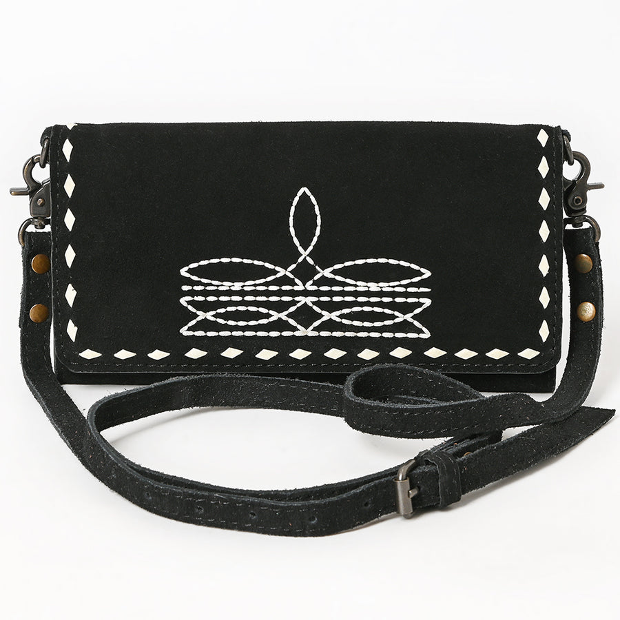 American Darling Western Wallet Handcrafted from Black Genuine Suede Leather | Boot Stitched Design, Studded Trim & YKK Zipper