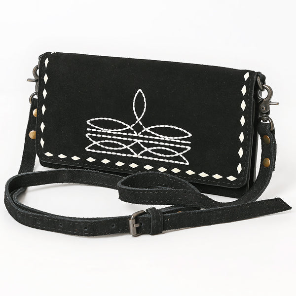 American Darling Black Genuine Suede Wallet Bag | Boot Stitched Crossbody Purse - Uhorse