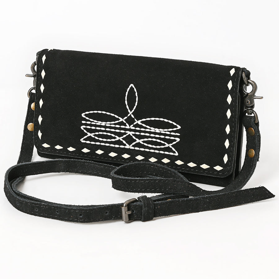 American Darling Black Genuine Suede Wallet Bag | Boot Stitched Crossbody Purse - Uhorse