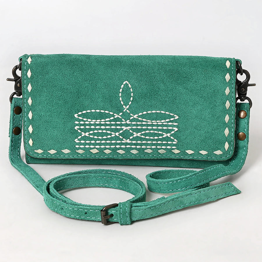 American Darling Western Wallet Handcrafted from Black Genuine Suede Leather | Boot Stitched Design, Studded Trim & YKK Zipper