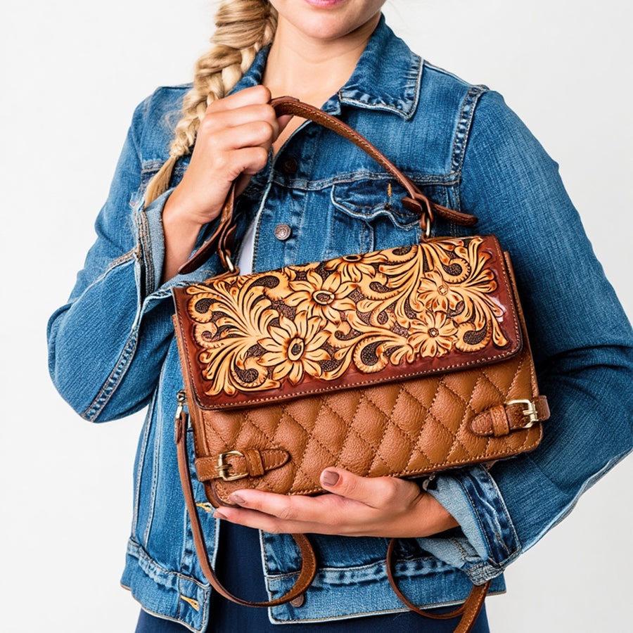 American Darling Women's Quilted Hand Tooled Floral Carved Genuine Leather Small Cross body Bag Eco-Friendly Western Purse