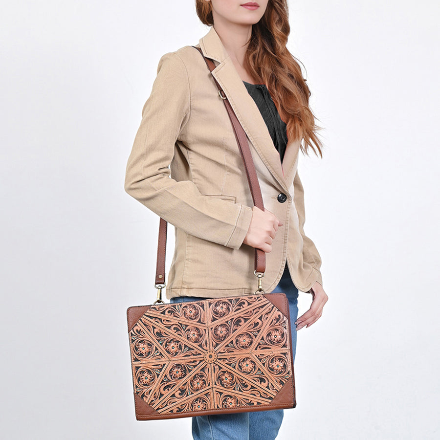American Darling Women's Hand Tooled Floral Carved Genuine Leather Portfolio Bag Eco-Friendly Full Grain Western Case