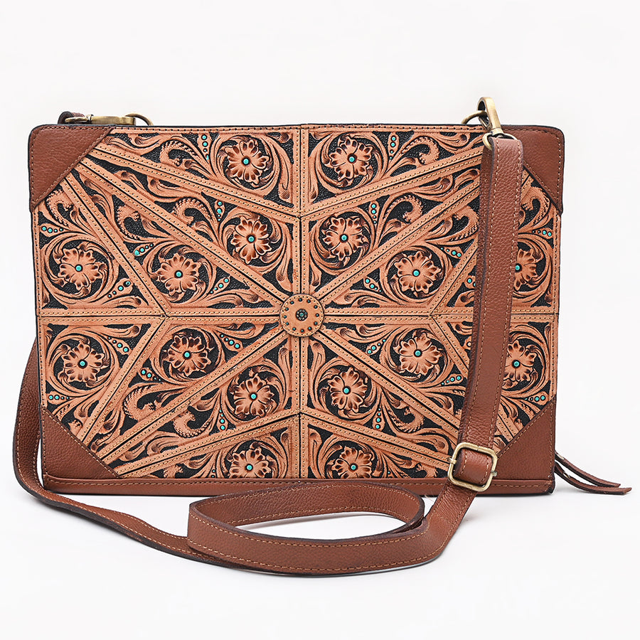 American Darling Women's Hand Tooled Floral Carved Genuine Leather Portfolio Bag Eco-Friendly Full Grain Western Case