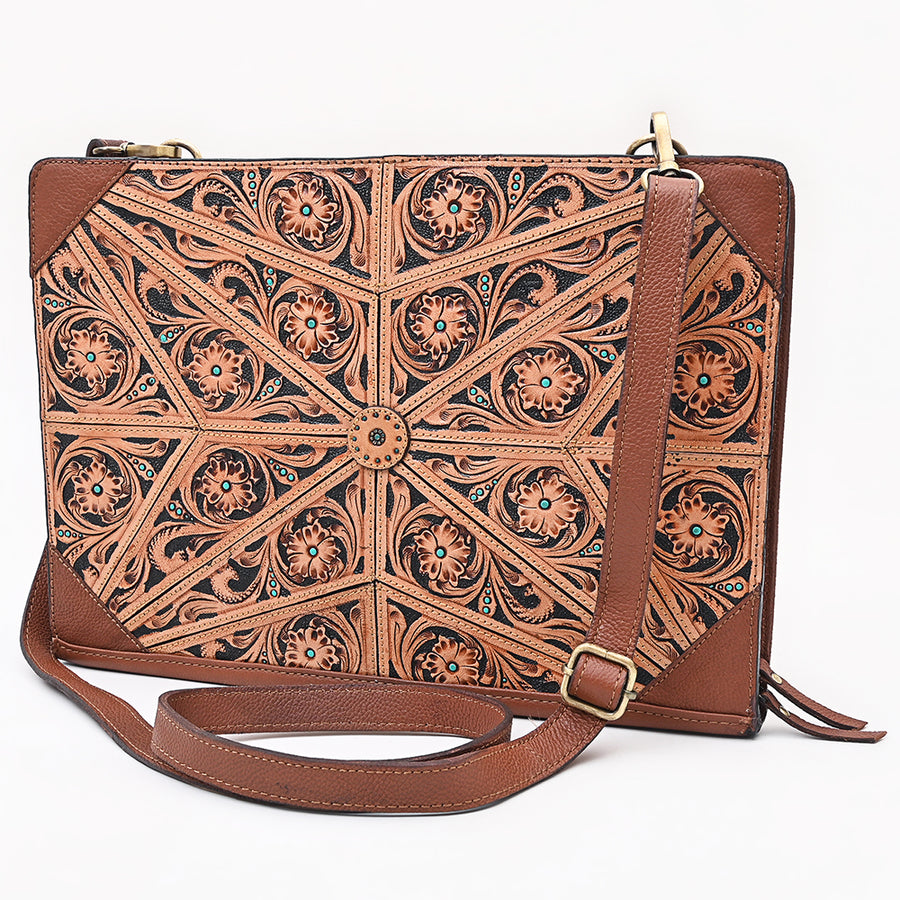 American Darling Hand Tooled Floral Carved Genuine Leather Portfolio Bag - Uhorse