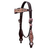 COMFYTACK Horse Floral Hand Carved Headstall Breast Collar Genuine Leather Concho Dark Brown