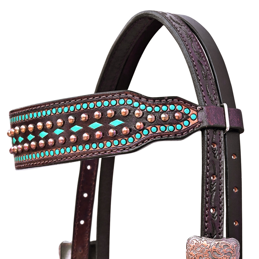 COMFYTACK Western Horse Buck Stitch Headstall Genuine Leather Concho Dark Brown