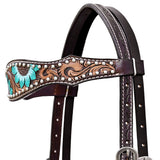 COMFYTACK Western Horse Floral Hand Painted Headstall Genuine Leather Brown / Turquoise