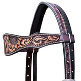 COMFYTACK Horse Floral Hand Carved Headstall Breast Collar Genuine Leather Concho Dark Brown