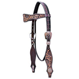 COMFYTACK Horse Floral Hand Carved Headstall Breast Collar Genuine Leather Concho Dark Brown