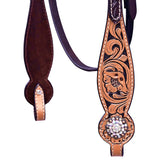 COMFYTACK Horse Floral Hand Carved Headstall Breast Collar Genuine Leather Concho Brown / Tan