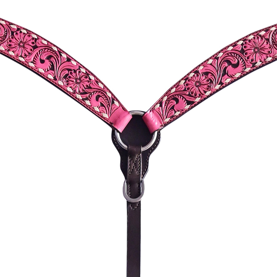 Hilason Horse Floral Hand Carved American Leather Breast Collar Headstall Pink