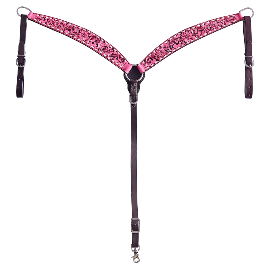 Hilason W. H. Floral Hand Carved American Leather Breast Collar Pink – by Hilason – Cowboy and equestrian accessories