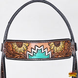 Hilason Horse Floral Hand Painted American Leather Breast Collar Headstall Dark Brown