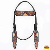 Hilason Horse Floral Hand Painted American Leather Breast Collar Headstall Dark Brown