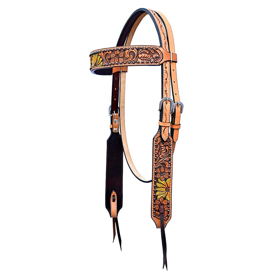 Hilason W. H. Floral Hand Painted American Leather Headstall Tan – by Hilason – Cowboy and equestrian accessories