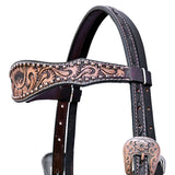 COMFYTACK Horse Floral Hand Carved Headstall Breast Collar Genuine Leather Dark Brown