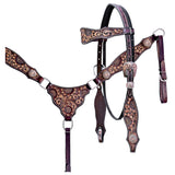 COMFYTACK Horse Floral Hand Carved Headstall Breast Collar Genuine Leather Concho Dark Brown