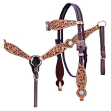 COMFYTACK Horse Floral Hand Carved Headstall Breast Collar Genuine Leather Concho Brown / Tan