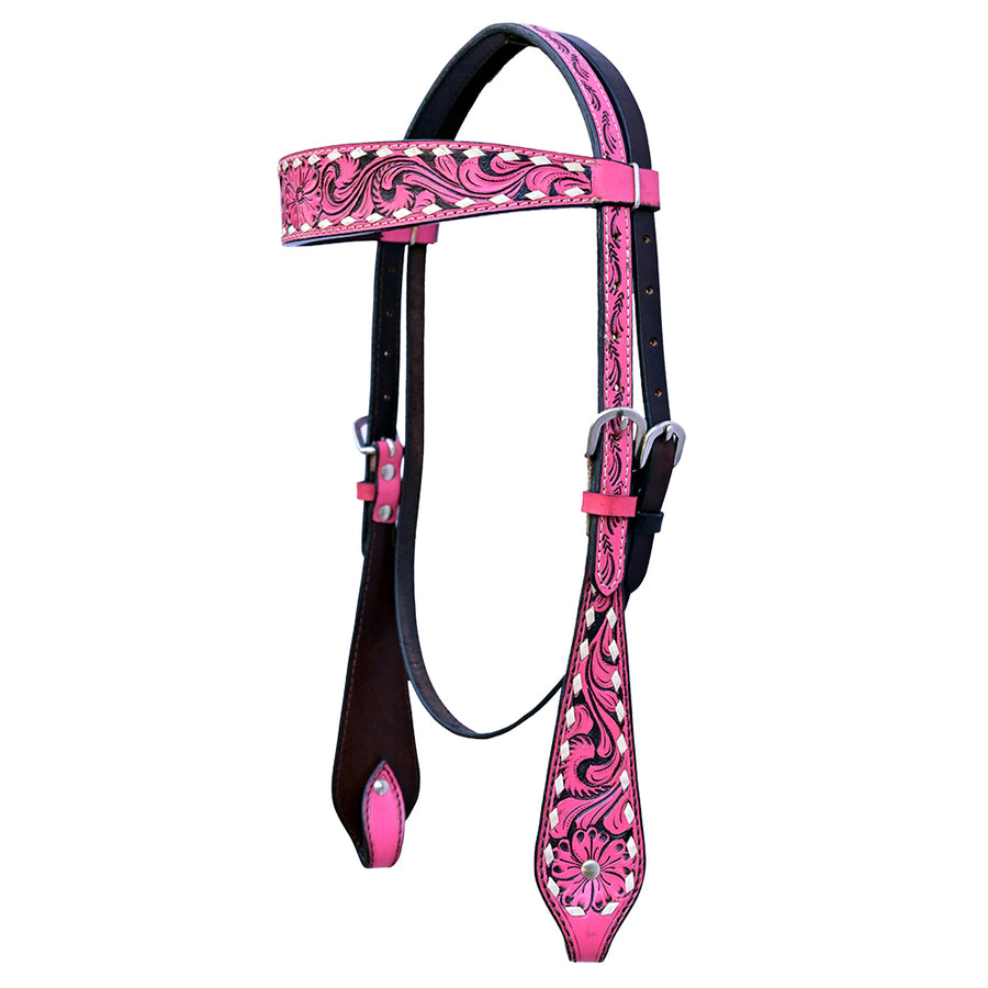 Hilason Horse Floral Hand Carved American Leather Breast Collar Headstall Pink