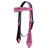 Hilason Horse Floral Hand Carved American Leather Breast Collar Headstall Pink