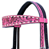 Hilason Horse Floral Hand Carved American Leather Breast Collar Headstall Pink