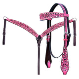 Hilason Horse Floral Hand Carved American Leather Breast Collar Headstall Pink