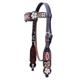 Hilason Horse Floral Hand Painted American Leather Breast Collar Headstall W/ Beaded Work Dark Brown