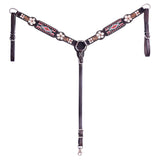 Hilason Horse Floral Hand Painted American Leather Breast Collar Headstall W/ Beaded Work Dark Brown