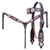 Hilason Horse Floral Hand Painted American Leather Breast Collar Headstall W/ Beaded Work Dark Brown