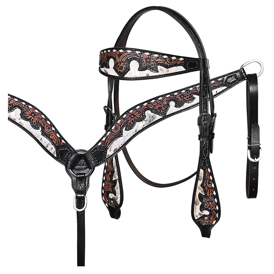 Hilason Horse Floral Hand Carved American Leather Breast Collar Headstall Dark Brown - Uhorse