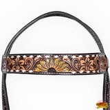 Hilason Horse Floral Hand Painted American Leather Breast Collar Headstall Dark Brown